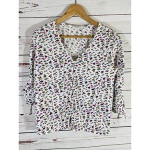 Lucky Brand Los Angeles Shirt Size Med V-Neck Floral Ruching on Sleeves Buttons